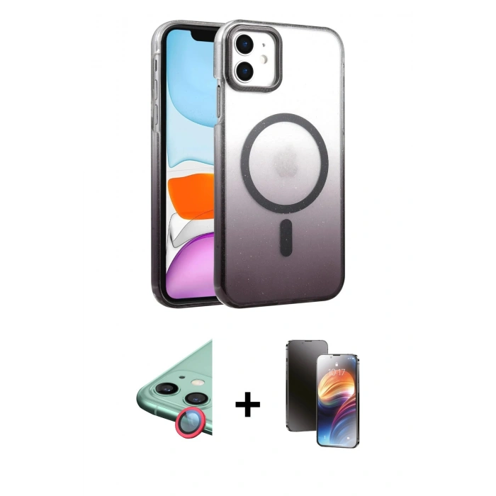 MARSİLYAN™- iPhone 11 Kılıf Ahenk Doku Özel Seri - Siyah 3D Antistatik Mat Seramik Nano Ekran Koruyucu + Raze Metal Kamera Lens - KI