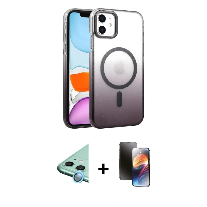 MARSİLYAN™- iPhone 11 Kılıf Ahenk Doku Özel Seri - Siyah 3D Antistatik Mat Seramik Nano Ekran Koruyucu + Raze Metal Kamera Lens - MI