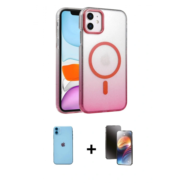 MARSİLYAN™- iPhone 11 Kılıf Ahenk Doku Özel Seri - Siyah 3D Antistatik Mat Seramik Nano Ekran Koruyucu + Mavi Neon Fosforlu Kamera Lens