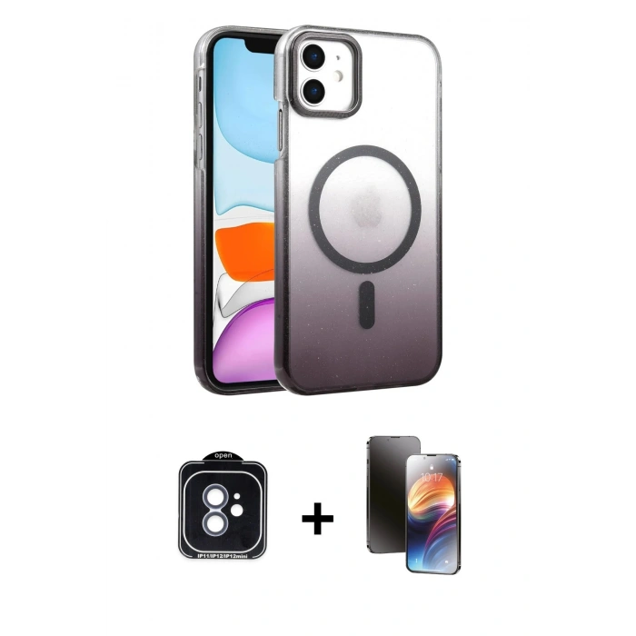 MARSİLYAN™- iPhone 11 Kılıf Ahenk Doku Özel Seri - Siyah 3D Antistatik Mat Seramik Nano Ekran Koruyucu + PVD Metal Kamera Lens - MI