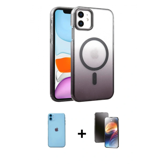 MARSİLYAN™- iPhone 11 Kılıf Ahenk Doku Özel Seri - Siyah 3D Antistatik Mat Seramik Nano Ekran Koruyucu + Mavi Neon Fosforlu Kamera Lens