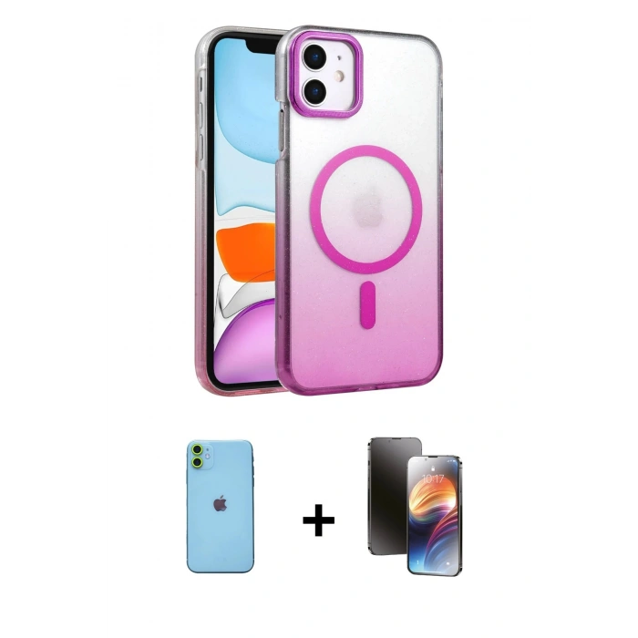 MARSİLYAN™- iPhone 11 Kılıf Ahenk Doku Özel Seri - Siyah 3D Antistatik Mat Seramik Nano Ekran Koruyucu + Neon Fosforlu Kamera Lens - YL