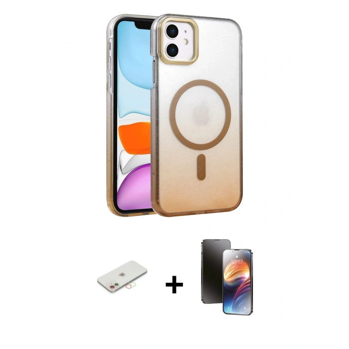 MARSİLYAN™- iPhone 11 Kılıf Ahenk Doku Özel Seri - Siyah 3D Antistatik Mat Seramik Nano Ekran Koruyucu + Renkli Kamera Lens Koruma Cam - YL