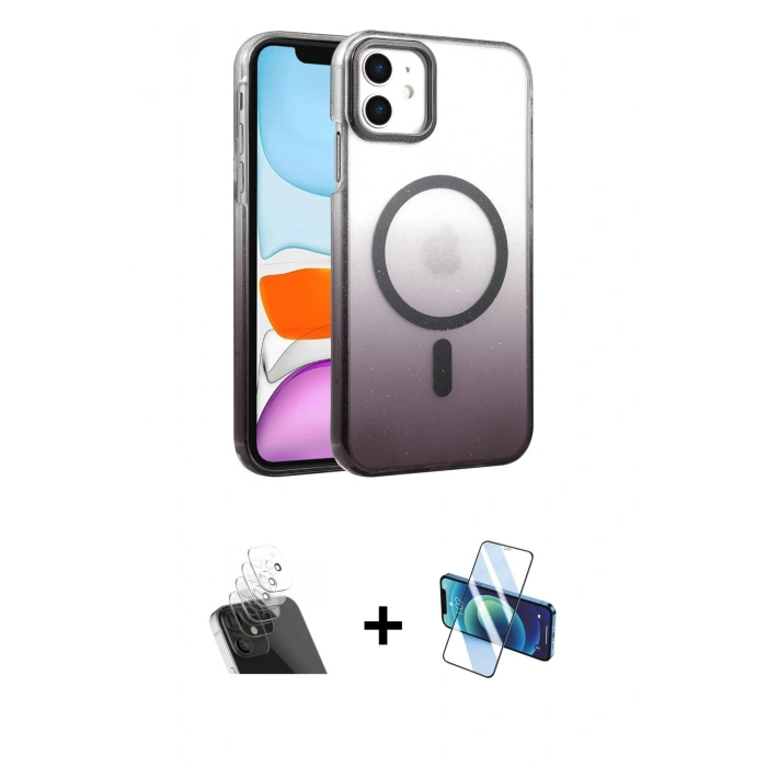MARSİLYAN™- iPhone 11 Kılıf Ahenk Doku Özel Seri - Siyah 3D Antistatik Seramik Nano Ekran Koruyucu + Şeffaf Kamera Lens Koruma Cam