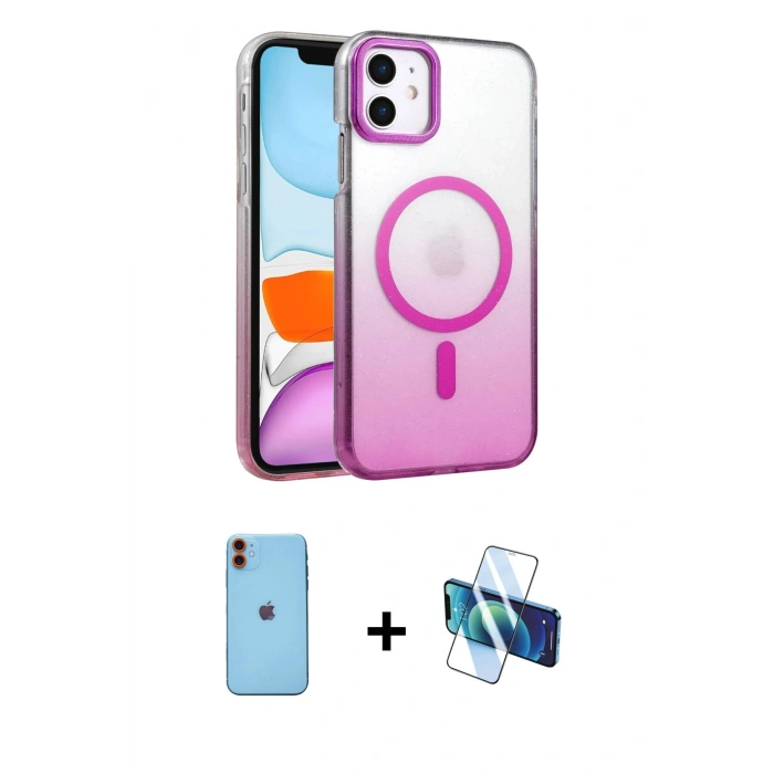 MARSİLYAN™- iPhone 11 Kılıf Ahenk Doku Özel Seri - Siyah 3D Antistatik Seramik Nano Ekran Koruyucu + Neon Fosforlu Kamera Lens - TU