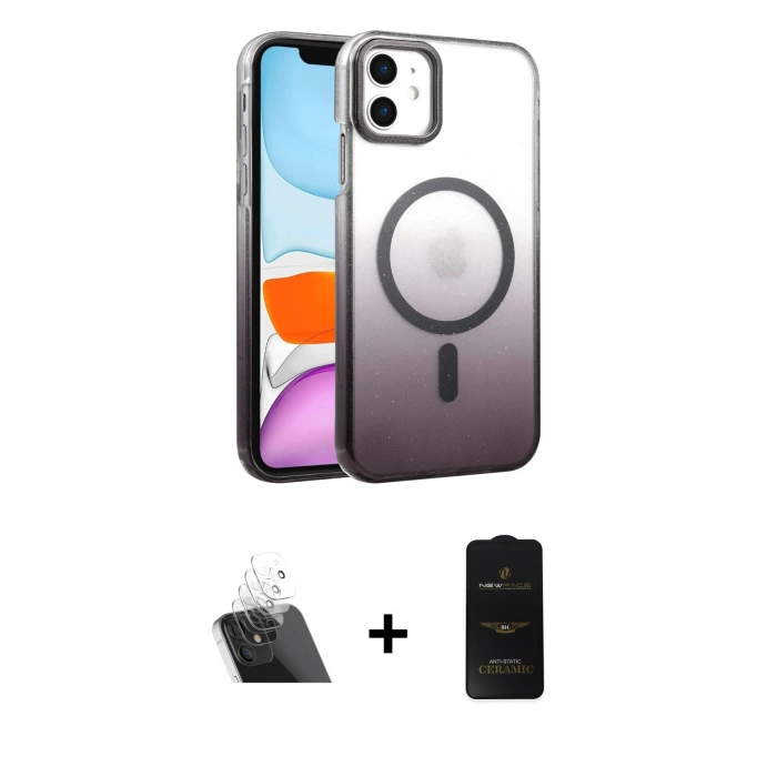 MARSİLYAN™- iPhone 11 Kılıf Ahenk Doku Özel Seri - Siyah 6D Antistatik Mat Seramik Hayalet Nano Ekran Koruyucu + Kamera Lens Koruma Cam - SF