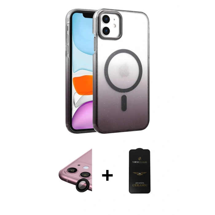 MARSİLYAN™- iPhone 11 Kılıf Ahenk Doku Özel Seri - Siyah 6D Antistatik Mat Seramik Hayalet Nano Ekran Koruyucu + Raze Metal Kamera Lens - SH