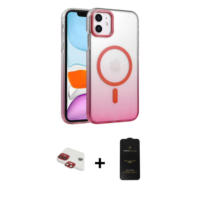 MARSİLYAN™- iPhone 11 Kılıf Ahenk Doku Özel Seri - Siyah 6D Antistatik Mat Seramik Hayalet Nano Ekran Koruyucu + Kırmızı Pers Alüminyum Kamera Lens