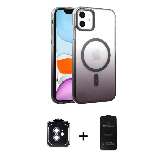 MARSİLYAN™- iPhone 11 Kılıf Ahenk Doku Özel Seri - Siyah 6D Antistatik Mat Seramik Hayalet Nano Ekran Koruyucu + PVD Metal Kamera Lens - MI