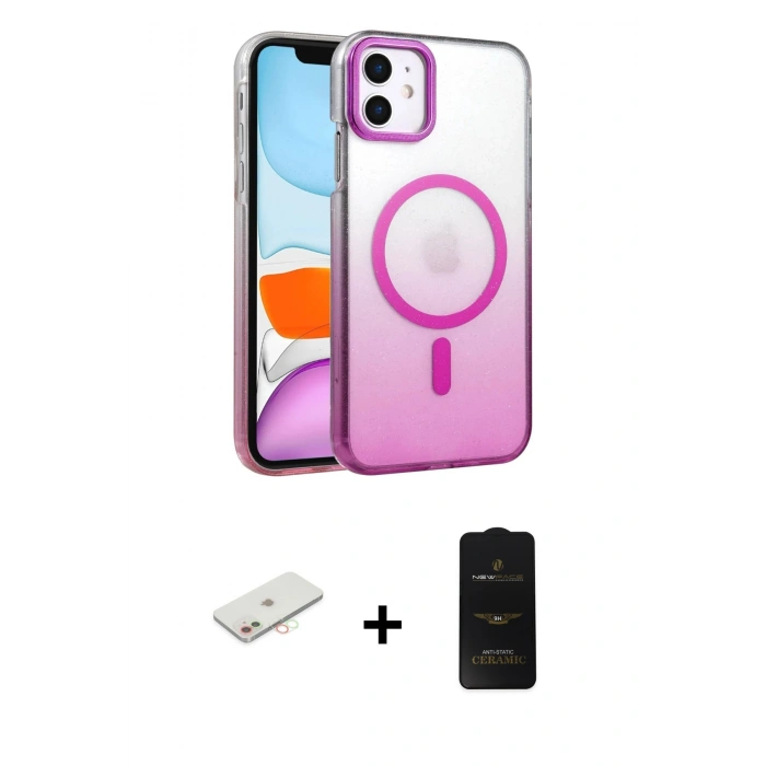 MARSİLYAN™- iPhone 11 Kılıf Ahenk Doku Özel Seri - Siyah 6D Antistatik Mat Seramik Hayalet Nano Ekran Koruyucu + Renkli Kamera Lens Koruma Cam - YL