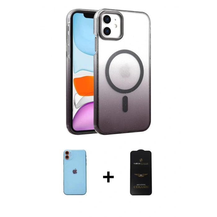 MARSİLYAN™- iPhone 11 Kılıf Ahenk Doku Özel Seri - Siyah 6D Antistatik Mat Seramik Hayalet Nano Ekran Koruyucu + Neon Fosforlu Kamera Lens - TU
