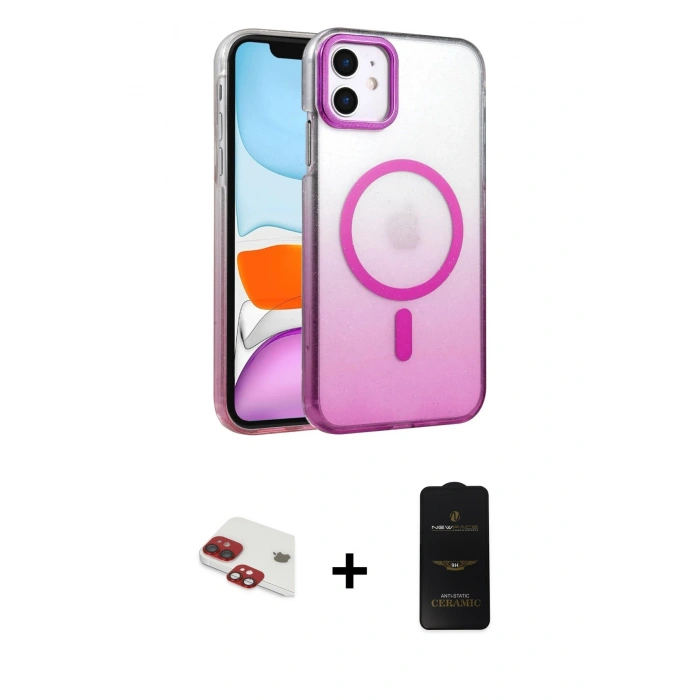 MARSİLYAN™- iPhone 11 Kılıf Ahenk Doku Özel Seri - Siyah 6D Antistatik Mat Seramik Hayalet Nano Ekran Koruyucu + Kırmızı Pers Alüminyum Kamera Lens