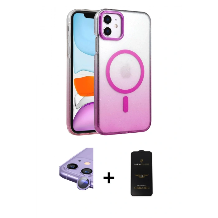 MARSİLYAN™- iPhone 11 Kılıf Ahenk Doku Özel Seri - Siyah 6D Antistatik Mat Seramik Hayalet Nano Ekran Koruyucu + Mor Raze Metal Kamera Lens