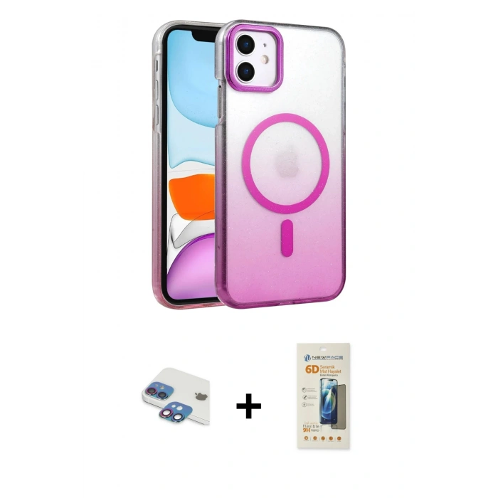 MARSİLYAN™- iPhone 11 Kılıf Ahenk Doku Özel Seri - Siyah 6D Mat Seramik Hayalet Nano Ekran Koruyucu + Pers Alüminyum Kamera Lens - GI