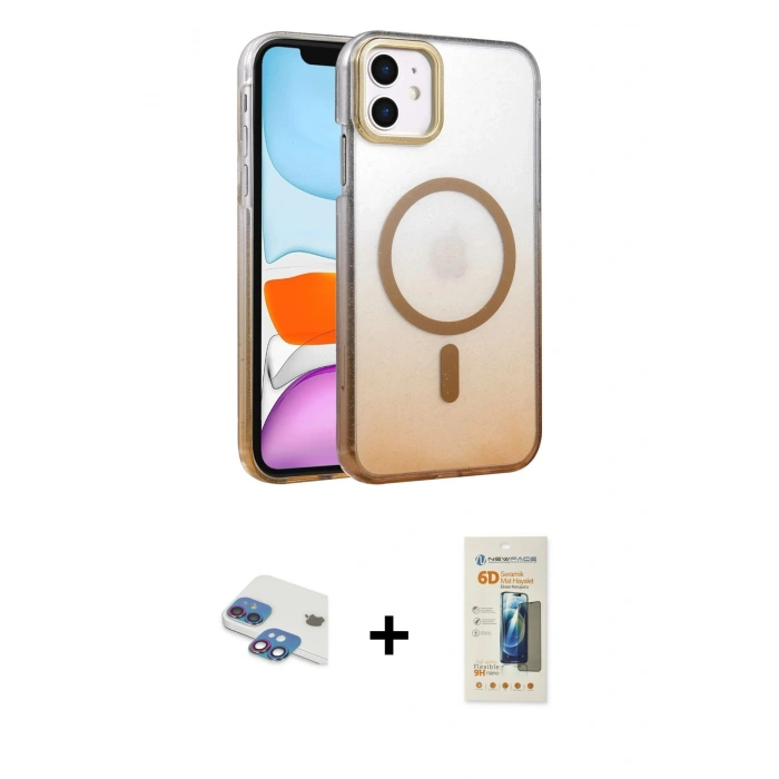 MARSİLYAN™- iPhone 11 Kılıf Ahenk Doku Özel Seri - Siyah 6D Mat Seramik Hayalet Nano Ekran Koruyucu + Pers Alüminyum Kamera Lens - GI