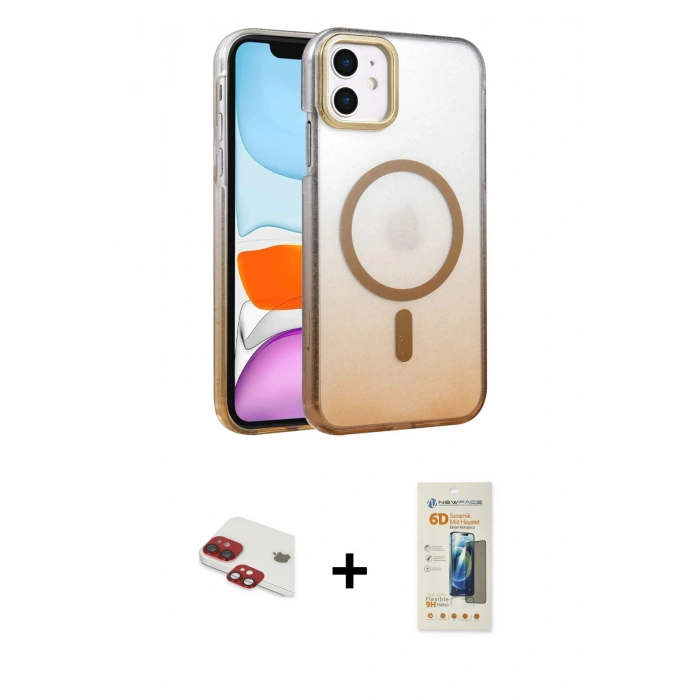 MARSİLYAN™- iPhone 11 Kılıf Ahenk Doku Özel Seri - Siyah 6D Mat Seramik Hayalet Nano Ekran Koruyucu + Pers Alüminyum Kamera Lens - KI