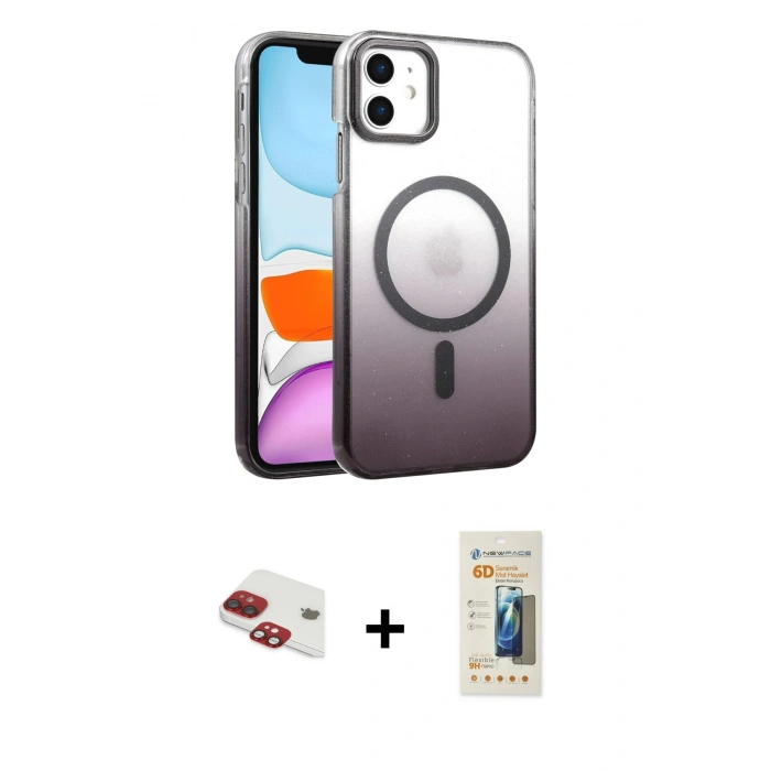 MARSİLYAN™- iPhone 11 Kılıf Ahenk Doku Özel Seri - Siyah 6D Mat Seramik Hayalet Nano Ekran Koruyucu + Pers Alüminyum Kamera Lens - KI