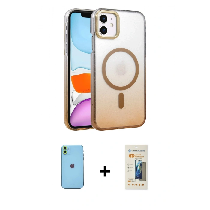 MARSİLYAN™- iPhone 11 Kılıf Ahenk Doku Özel Seri - Siyah 6D Mat Seramik Hayalet Nano Ekran Koruyucu + Neon Fosforlu Kamera Lens - YL