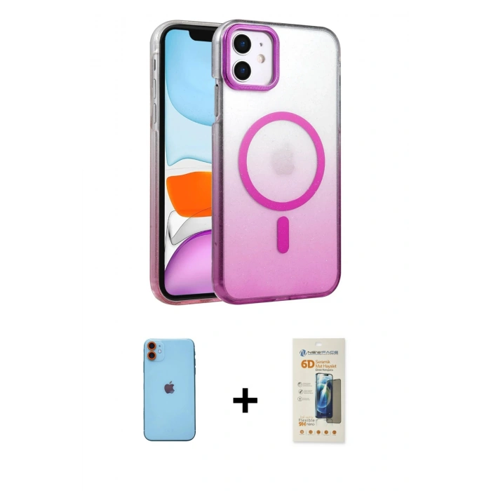 MARSİLYAN™- iPhone 11 Kılıf Ahenk Doku Özel Seri - Siyah 6D Mat Seramik Hayalet Nano Ekran Koruyucu + Neon Fosforlu Kamera Lens - TU
