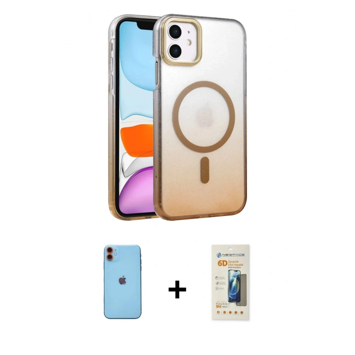 MARSİLYAN™- iPhone 11 Kılıf Ahenk Doku Özel Seri - Siyah 6D Mat Seramik Hayalet Nano Ekran Koruyucu + Neon Fosforlu Kamera Lens - TU