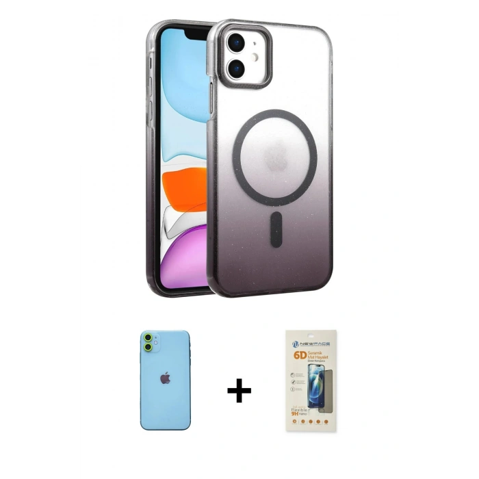 MARSİLYAN™- iPhone 11 Kılıf Ahenk Doku Özel Seri - Siyah 6D Mat Seramik Hayalet Nano Ekran Koruyucu + Neon Fosforlu Kamera Lens - YL