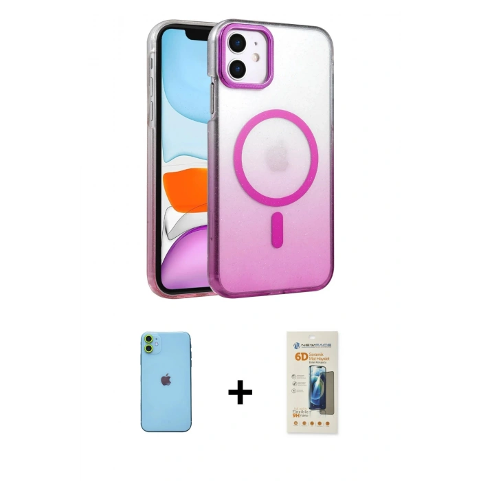 MARSİLYAN™- iPhone 11 Kılıf Ahenk Doku Özel Seri - Siyah 6D Mat Seramik Hayalet Nano Ekran Koruyucu + Neon Fosforlu Kamera Lens - YL