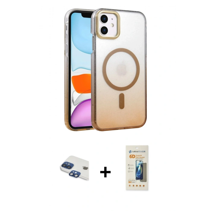 MARSİLYAN™- iPhone 11 Kılıf Ahenk Doku Özel Seri - Siyah 6D Mat Seramik Hayalet Nano Ekran Koruyucu + Pers Alüminyum Kamera Lens - LT