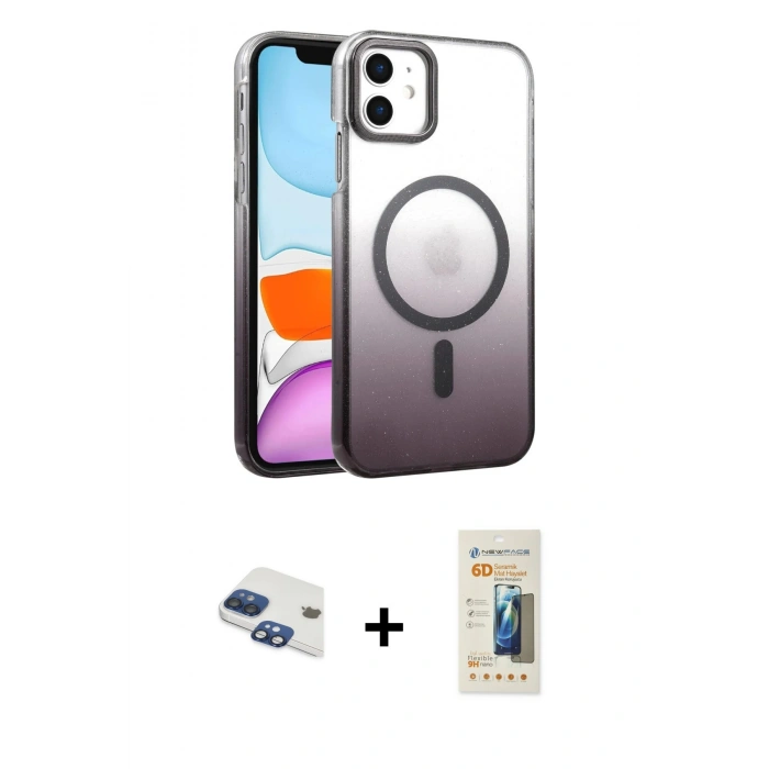 MARSİLYAN™- iPhone 11 Kılıf Ahenk Doku Özel Seri - Siyah 6D Mat Seramik Hayalet Nano Ekran Koruyucu + Pers Alüminyum Kamera Lens - LT