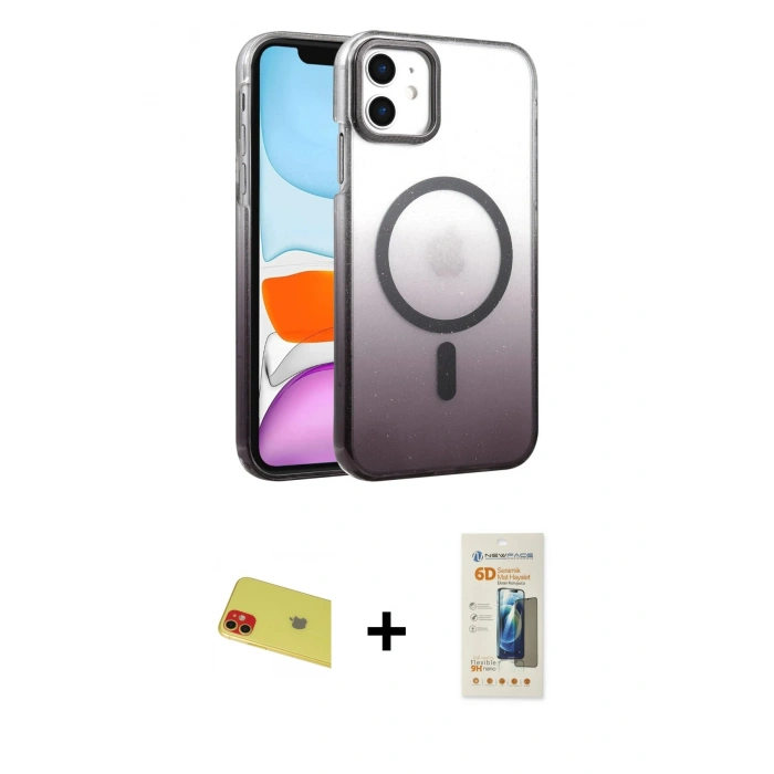 MARSİLYAN™- iPhone 11 Kılıf Ahenk Doku Özel Seri - Siyah 6D Mat Seramik Hayalet Nano Ekran Koruyucu + Rainbow Kamera Lens Koruma Cam - KI