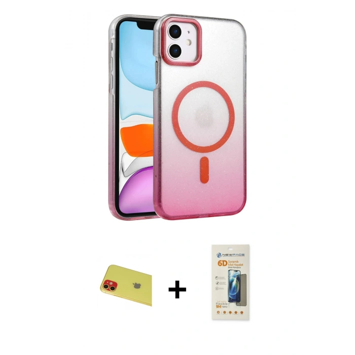 MARSİLYAN™- iPhone 11 Kılıf Ahenk Doku Özel Seri - Siyah 6D Mat Seramik Hayalet Nano Ekran Koruyucu + Rainbow Kamera Lens Koruma Cam - KI