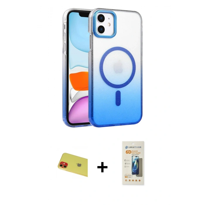 MARSİLYAN™- iPhone 11 Kılıf Ahenk Doku Özel Seri - Siyah 6D Mat Seramik Hayalet Nano Ekran Koruyucu + Rainbow Kamera Lens Koruma Cam - KI