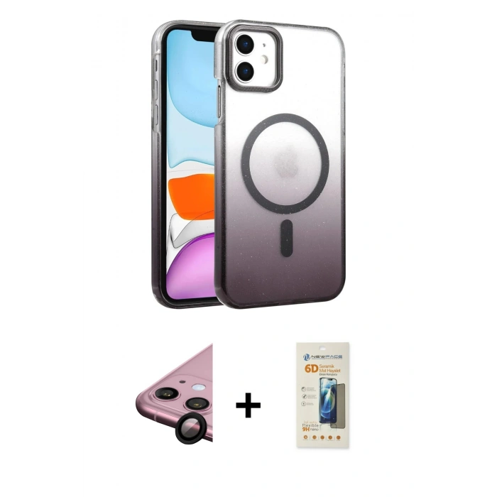 MARSİLYAN™- iPhone 11 Kılıf Ahenk Doku Özel Seri - Siyah 6D Mat Seramik Hayalet Nano Ekran Koruyucu + Raze Metal Kamera Lens - SH