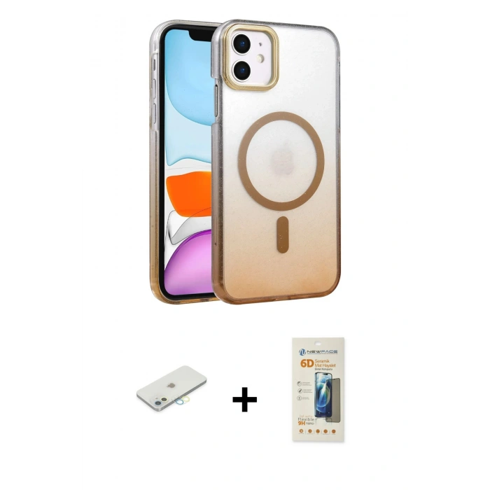 MARSİLYAN™- iPhone 11 Kılıf Ahenk Doku Özel Seri - Siyah 6D Mat Seramik Hayalet Nano Ekran Koruyucu + Renkli Kamera Lens Koruma Cam - SI