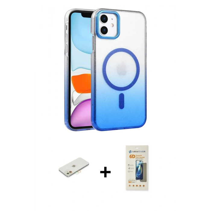 MARSİLYAN™- iPhone 11 Kılıf Ahenk Doku Özel Seri - Siyah 6D Mat Seramik Hayalet Nano Ekran Koruyucu + Turuncu Renkli Kamera Lens Koruma Cam
