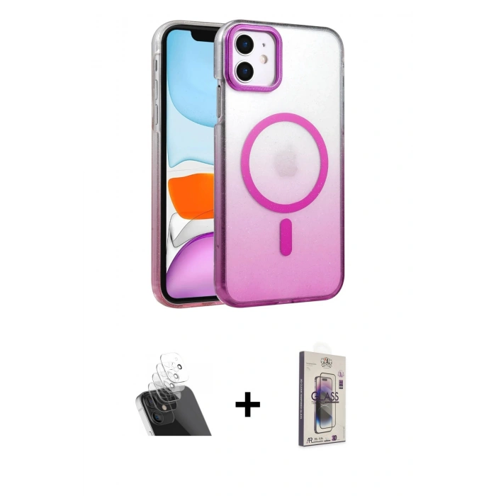 MARSİLYAN™- iPhone 11 Kılıf Ahenk Doku Özel Seri - Siyah Bilvis 3D Cam Ekran Koruyucu + Kamera Lens Koruma Cam - SF