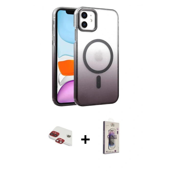 MARSİLYAN™- iPhone 11 Kılıf Ahenk Doku Özel Seri - Siyah Bilvis 3D Cam Ekran Koruyucu + Pers Alüminyum Kamera Lens - KI