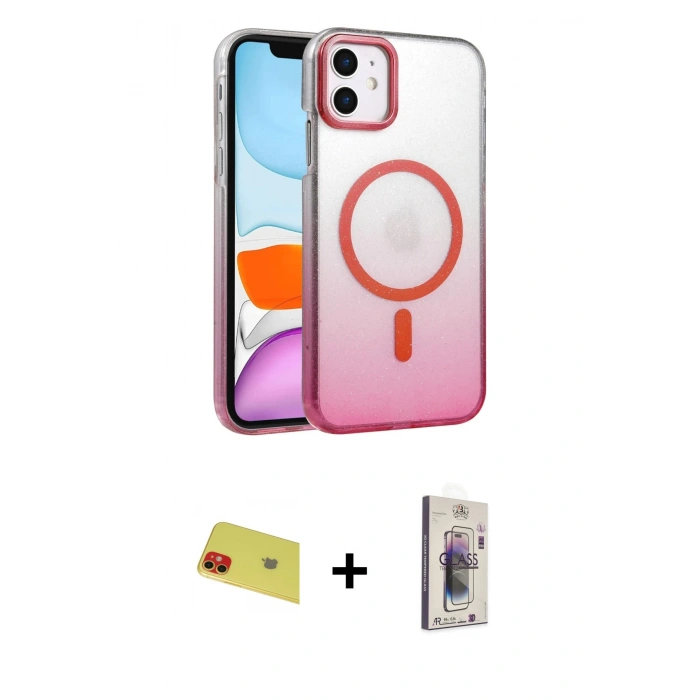 MARSİLYAN™- iPhone 11 Kılıf Ahenk Doku Özel Seri - Siyah Bilvis 3D Cam Ekran Koruyucu + Rainbow Kamera Lens Koruma Cam - KI