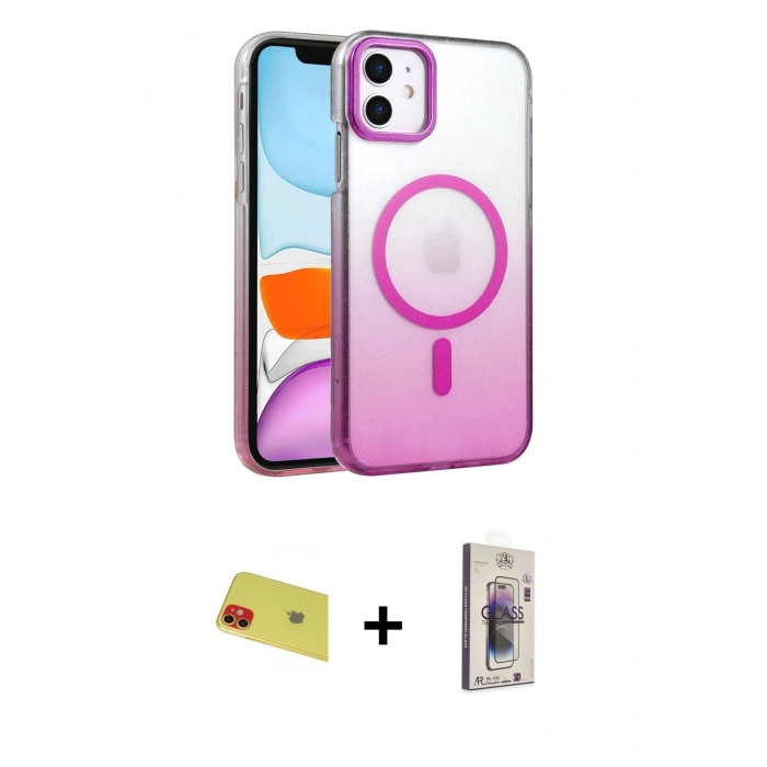 MARSİLYAN™- iPhone 11 Kılıf Ahenk Doku Özel Seri - Siyah Bilvis 3D Cam Ekran Koruyucu + Rainbow Kamera Lens Koruma Cam - KI