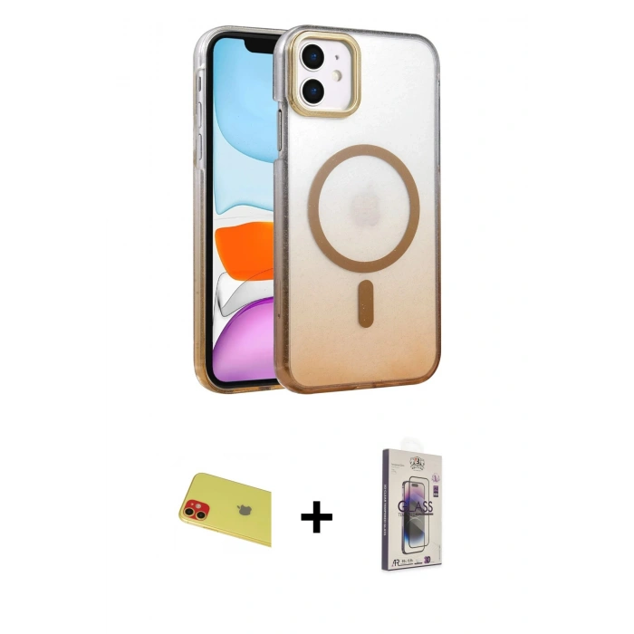MARSİLYAN™- iPhone 11 Kılıf Ahenk Doku Özel Seri - Siyah Bilvis 3D Cam Ekran Koruyucu + Rainbow Kamera Lens Koruma Cam - KI