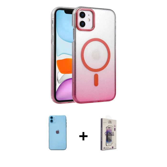 MARSİLYAN™- iPhone 11 Kılıf Ahenk Doku Özel Seri - Siyah Bilvis 3D Cam Ekran Koruyucu + Neon Fosforlu Kamera Lens - MI