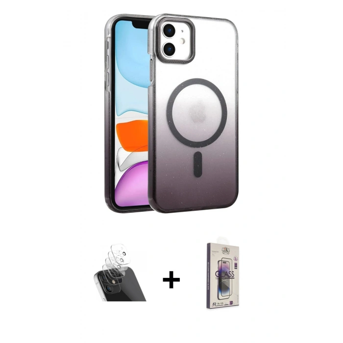 MARSİLYAN™- iPhone 11 Kılıf Ahenk Doku Özel Seri - Siyah Bilvis 3D Cam Ekran Koruyucu + Kamera Lens Koruma Cam - SF