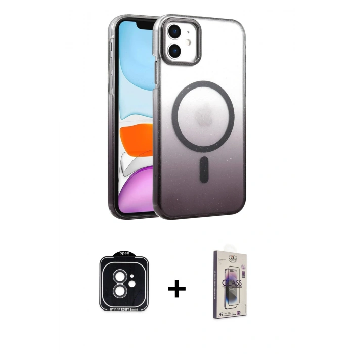 MARSİLYAN™- iPhone 11 Kılıf Ahenk Doku Özel Seri - Siyah Bilvis 3D Cam Ekran Koruyucu + PVD Metal Kamera Lens - SH