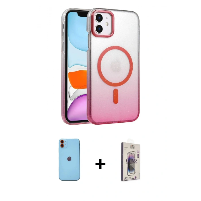 MARSİLYAN™- iPhone 11 Kılıf Ahenk Doku Özel Seri - Siyah Bilvis 3D Cam Ekran Koruyucu + Neon Fosforlu Kamera Lens - TU