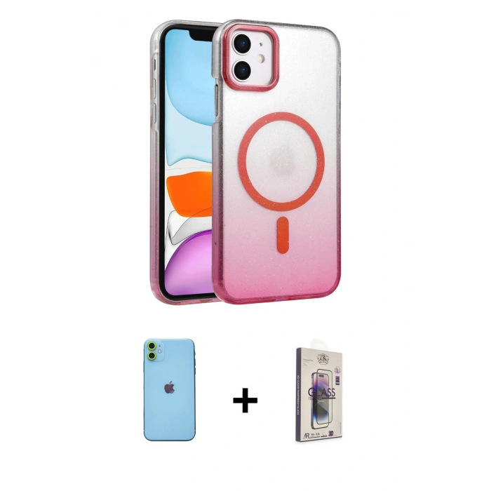 MARSİLYAN™- iPhone 11 Kılıf Ahenk Doku Özel Seri - Siyah Bilvis 3D Cam Ekran Koruyucu + Neon Fosforlu Kamera Lens - YL