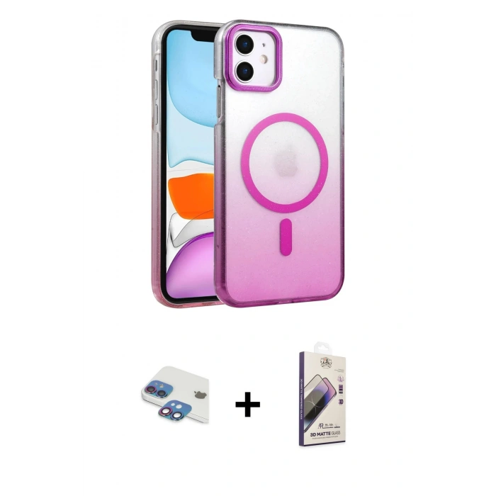 MARSİLYAN™- iPhone 11 Kılıf Ahenk Doku Özel Seri - Siyah Bilvis 3D Mat Cam Ekran Koruyucu + Gökkuşağı Pers Alüminyum Kamera Lens