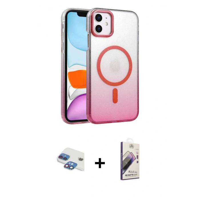 MARSİLYAN™- iPhone 11 Kılıf Ahenk Doku Özel Seri - Siyah Bilvis 3D Mat Cam Ekran Koruyucu + Gökkuşağı Pers Alüminyum Kamera Lens