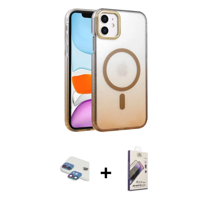 MARSİLYAN™- iPhone 11 Kılıf Ahenk Doku Özel Seri - Siyah Bilvis 3D Mat Cam Ekran Koruyucu + Gökkuşağı Pers Alüminyum Kamera Lens
