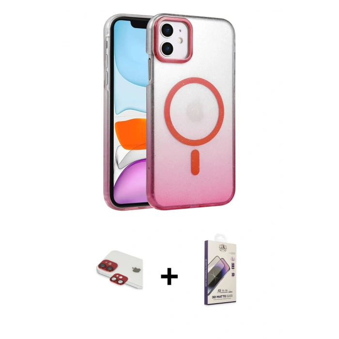 MARSİLYAN™- iPhone 11 Kılıf Ahenk Doku Özel Seri - Siyah Bilvis 3D Mat Cam Ekran Koruyucu + Kırmızı Pers Alüminyum Kamera Lens