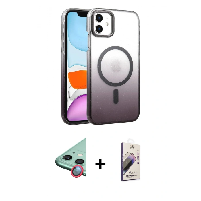 MARSİLYAN™- iPhone 11 Kılıf Ahenk Doku Özel Seri - Siyah Bilvis 3D Mat Cam Ekran Koruyucu + Raze Metal Kamera Lens - KI