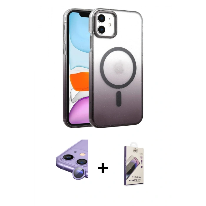 MARSİLYAN™- iPhone 11 Kılıf Ahenk Doku Özel Seri - Siyah Bilvis 3D Mat Cam Ekran Koruyucu + Raze Metal Kamera Lens - MR